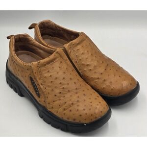 Roper Men's 9 Leather Performance Slip-On Ostrich Print Casual Tan Shoes